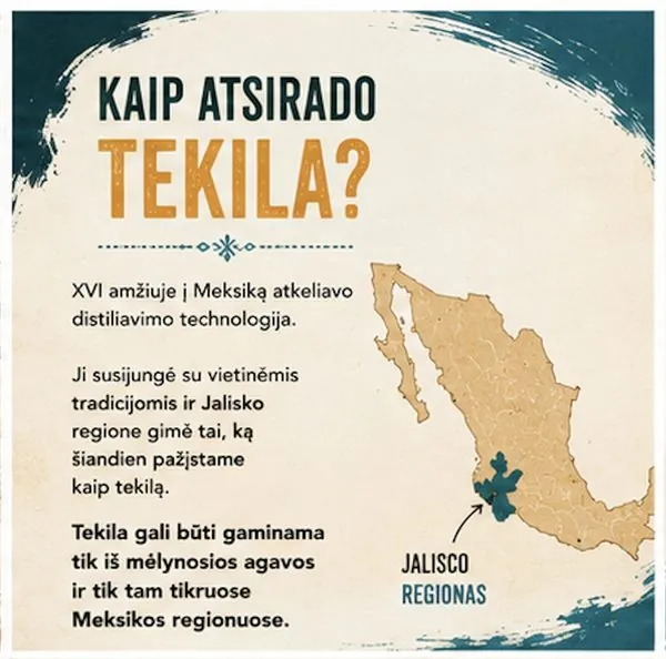 Kaip atsirado tekila?. XVI amžiuje į Meksiką atkeliavo distiliavimo technologija. Ji susijungė su vietinėmis tradicijomis ir Jalisco regione gimė tai, ką šiandien pažįstame kaip tekilą. Tekila gali būti gaminama tik iš mėlynosios agavos ir tik tam tikruose Meksikos regionuose.