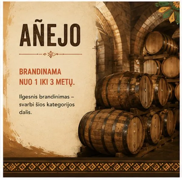 Añejo. Brandinama nuo 1 iki 3 metų. Ilgesnis brandinimas – svarbi šios kategorijos dalis.