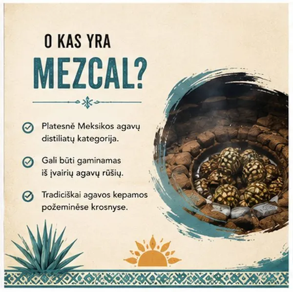O kas yra mezcal?. Platesnė Meksikos agavų distiliatų kategorija. Gali būti gaminamas iš įvairių agavų rūšių. Tradiciškai agavos kepamos požeminėse krosnyse.